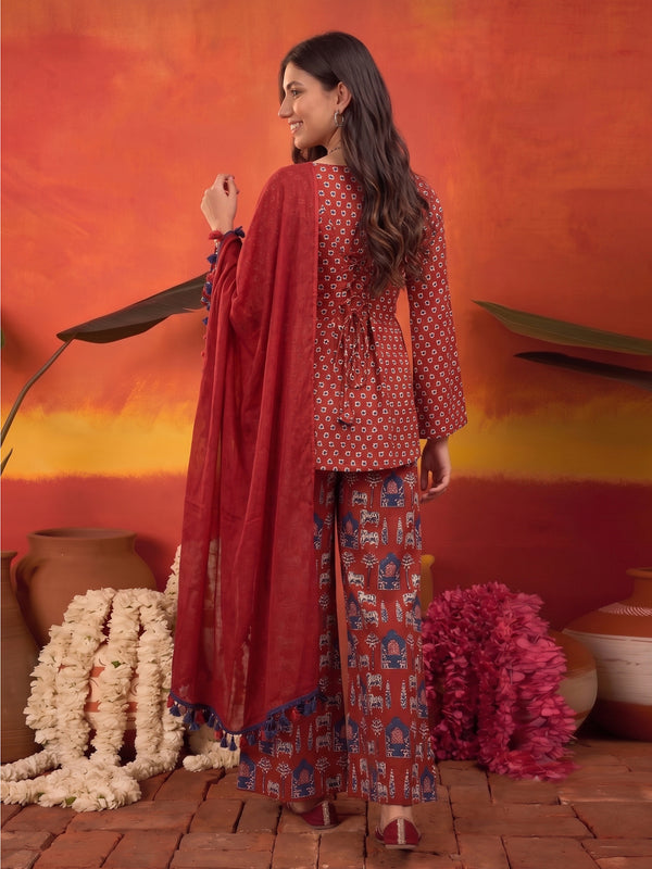 Stylum Women's Rust Ethnic Printed Cotton Short Kurti Palazzo Dupatta Set (KPDRUSTMANTRA)