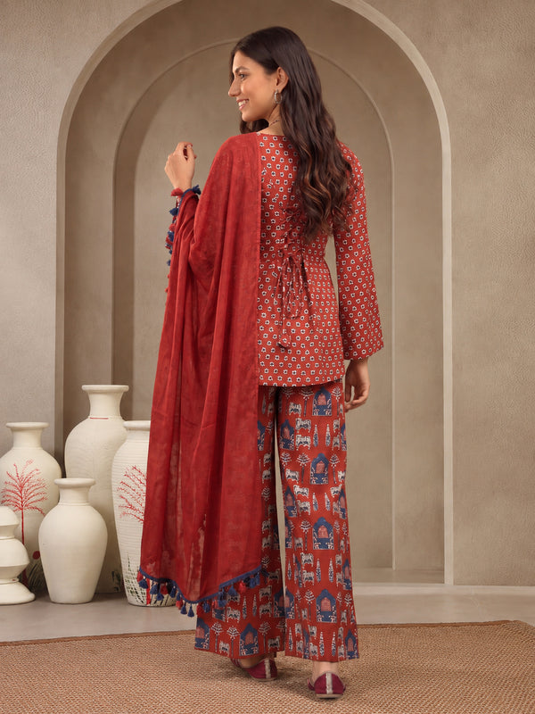 Stylum Women's Rust Ethnic Printed Cotton Short Kurti Palazzo Dupatta Set (KPDRUSTMANTRA)