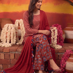 Stylum Women's Rust Ethnic Printed Cotton Short Kurti Palazzo Dupatta Set (KPDRUSTMANTRA)