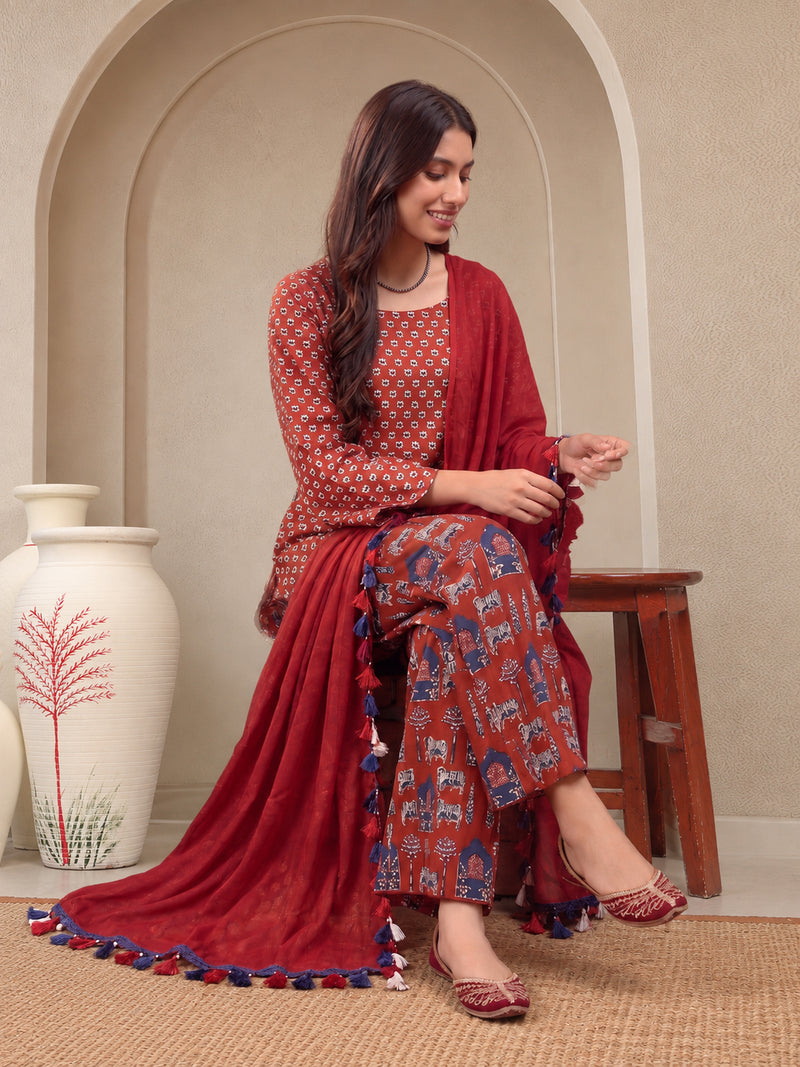 Stylum Women's Rust Ethnic Printed Cotton Short Kurti Palazzo Dupatta Set (KPDRUSTMANTRA)