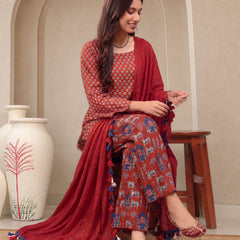 Stylum Women's Rust Ethnic Printed Cotton Short Kurti Palazzo Dupatta Set (KPDRUSTMANTRA)