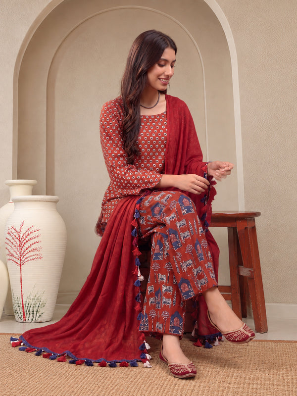 Stylum Women's Rust Ethnic Printed Cotton Short Kurti Palazzo Dupatta Set (KPDRUSTMANTRA)