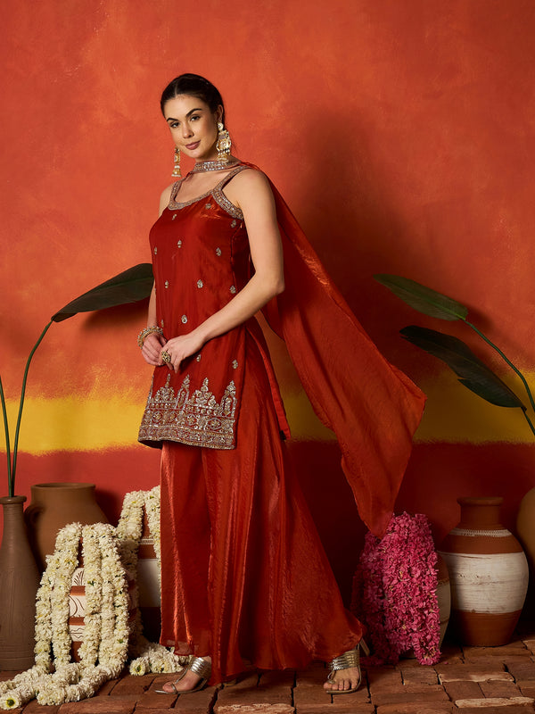 Stylum Women's Rust Solid & Embroidered Silk Blend Straight Kurti Palazzo Dupatta Set (KPDRUSTMYSORE)