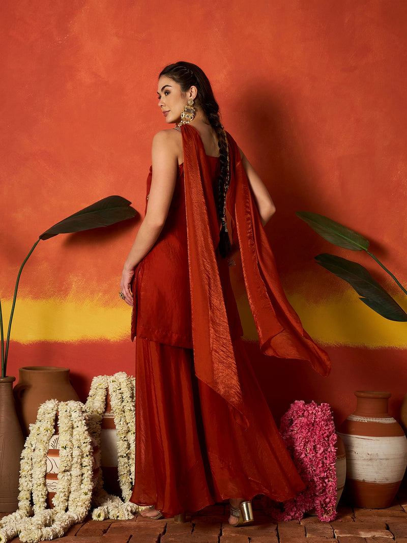 Stylum Women's Rust Solid & Embroidered Silk Blend Straight Kurti Palazzo Dupatta Set (KPDRUSTMYSORE)
