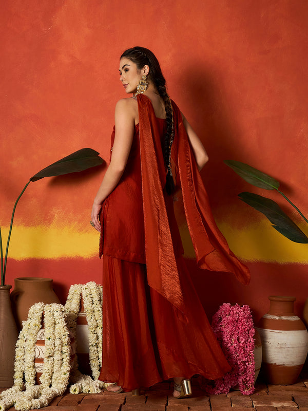 Stylum Women's Rust Solid & Embroidered Silk Blend Straight Kurti Palazzo Dupatta Set (KPDRUSTMYSORE)