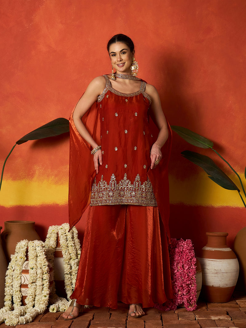 Stylum Women's Rust Solid & Embroidered Silk Blend Straight Kurti Palazzo Dupatta Set (KPDRUSTMYSORE)