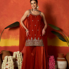 Stylum Women's Rust Solid & Embroidered Silk Blend Straight Kurti Palazzo Dupatta Set (KPDRUSTMYSORE)