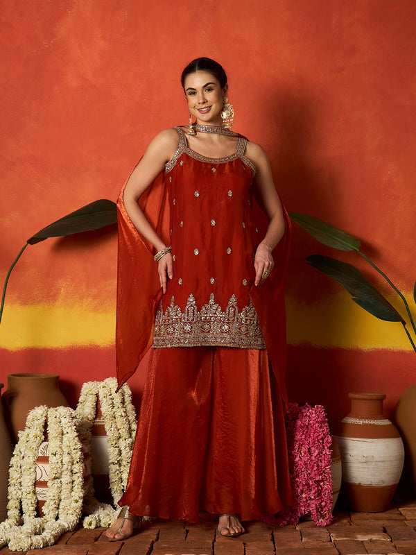 Stylum Women's Rust Solid & Embroidered Silk Blend Straight Kurti Palazzo Dupatta Set (KPDRUSTMYSORE)