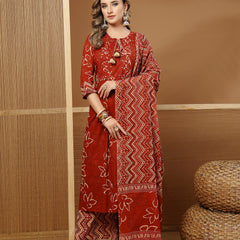 Stylum Women's Rust Floral Printed Cotton A-Line Kurta Palazzo Dupatta Set (KPDRUSTNIKUNJ)