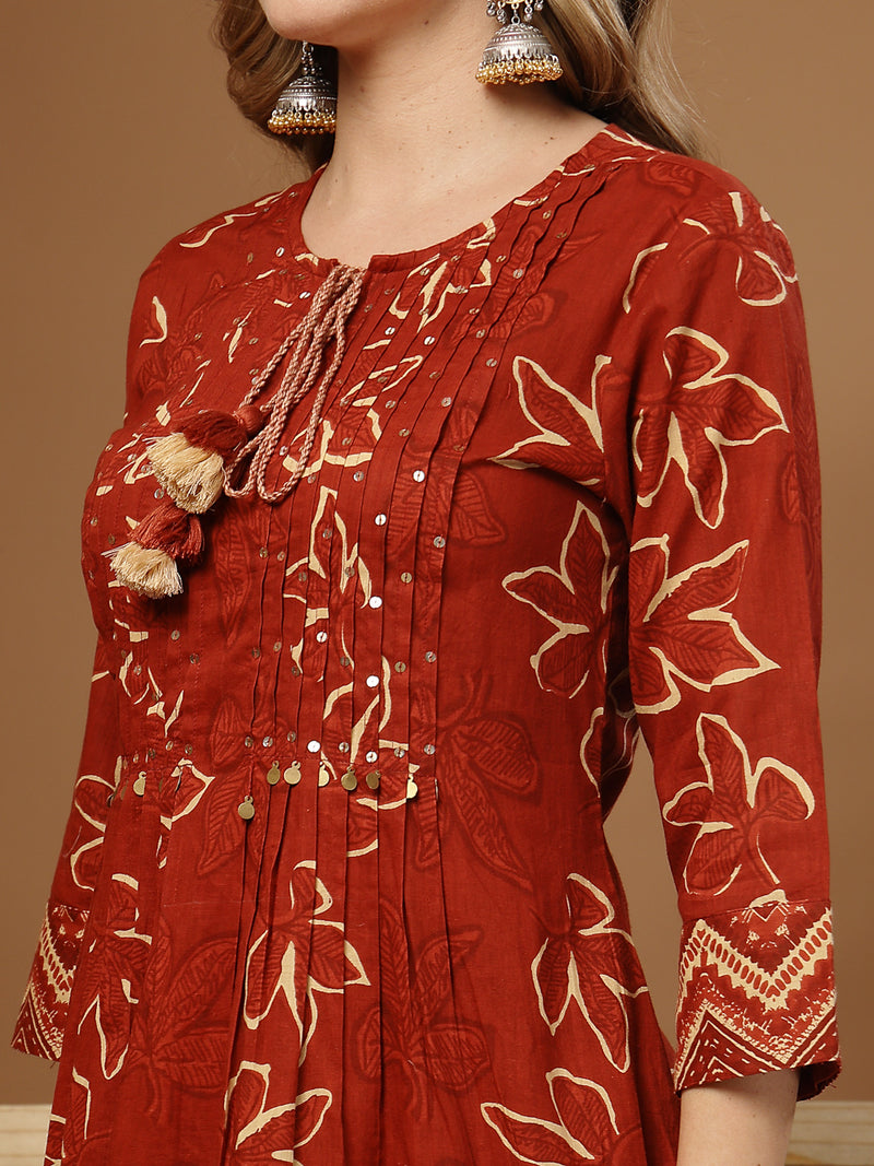 Stylum Women's Rust Floral Printed Cotton A-Line Kurta Palazzo Dupatta Set (KPDRUSTNIKUNJ)