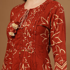 Stylum Women's Rust Floral Printed Cotton A-Line Kurta Palazzo Dupatta Set (KPDRUSTNIKUNJ)