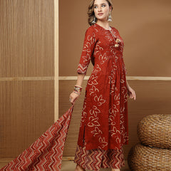 Stylum Women's Rust Floral Printed Cotton A-Line Kurta Palazzo Dupatta Set (KPDRUSTNIKUNJ)