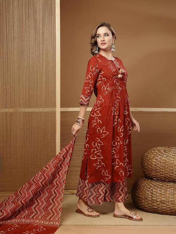 Stylum Women's Rust Floral Printed Cotton A-Line Kurta Palazzo Dupatta Set (KPDRUSTNIKUNJ)