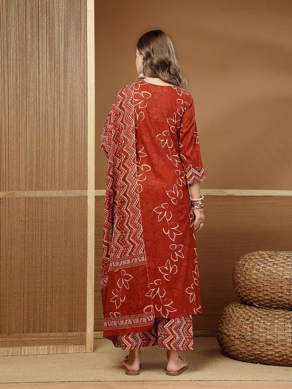 Stylum Women's Rust Floral Printed Cotton A-Line Kurta Palazzo Dupatta Set (KPDRUSTNIKUNJ)