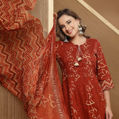 Stylum Women's Rust Floral Printed Cotton A-Line Kurta Palazzo Dupatta Set (KPDRUSTNIKUNJ)