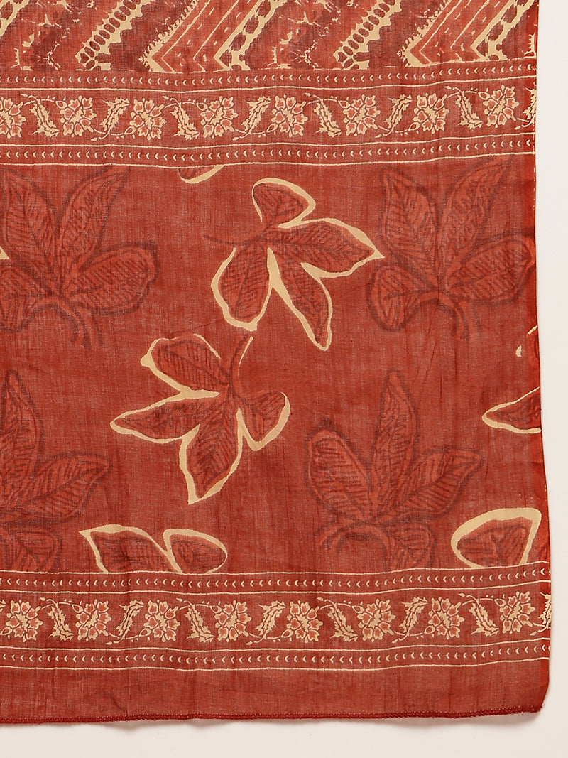 Stylum Women's Rust Floral Printed Cotton A-Line Kurta Palazzo Dupatta Set (KPDRUSTNIKUNJ)