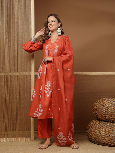 Stylum Women's Rust Floral Printed Rayon A-Line Kurta Pant Dupatta Set (KPDRUSTNUHA)