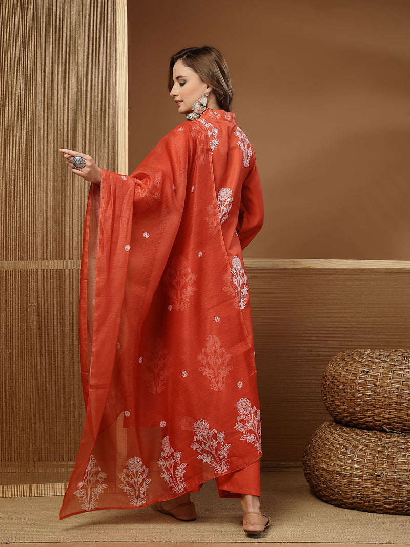 Stylum Women's Rust Floral Printed Rayon A-Line Kurta Pant Dupatta Set (KPDRUSTNUHA)