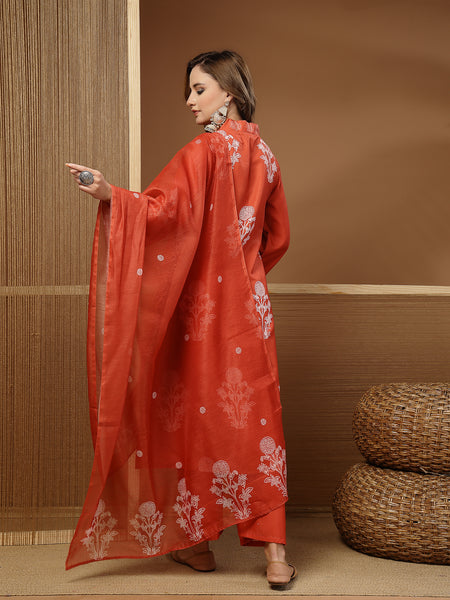 Stylum Women's Rust Floral Printed Rayon A-Line Kurta Pant Dupatta Set (KPDRUSTNUHA)
