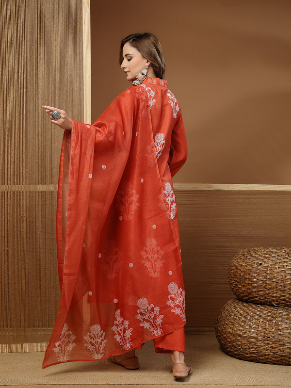 Stylum Women's Rust Floral Printed Rayon A-Line Kurta Pant Dupatta Set (KPDRUSTNUHA)