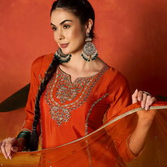 Stylum Women's Rust Solid & Embroidered Silk Blend Straight Kurti Palazzo With Dupatta (KPDRUSTRAKUL)