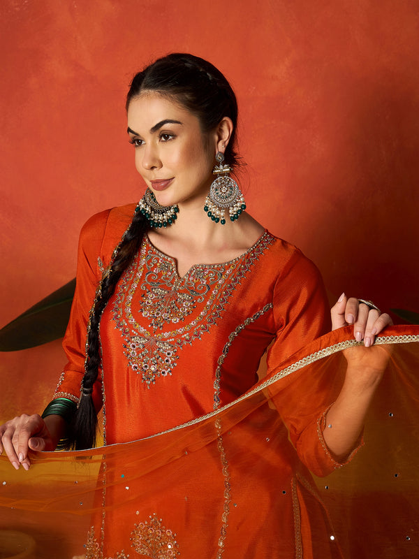 Stylum Women's Rust Solid & Embroidered Silk Blend Straight Kurti Palazzo With Dupatta (KPDRUSTRAKUL)