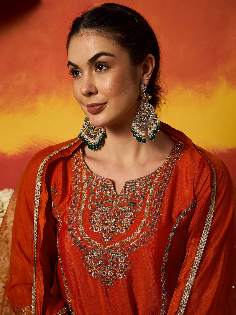 Stylum Women's Rust Solid & Embroidered Silk Blend Straight Kurti Palazzo With Dupatta (KPDRUSTRAKUL)