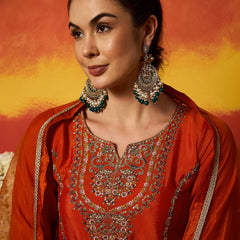 Stylum Women's Rust Solid & Embroidered Silk Blend Straight Kurti Palazzo With Dupatta (KPDRUSTRAKUL)