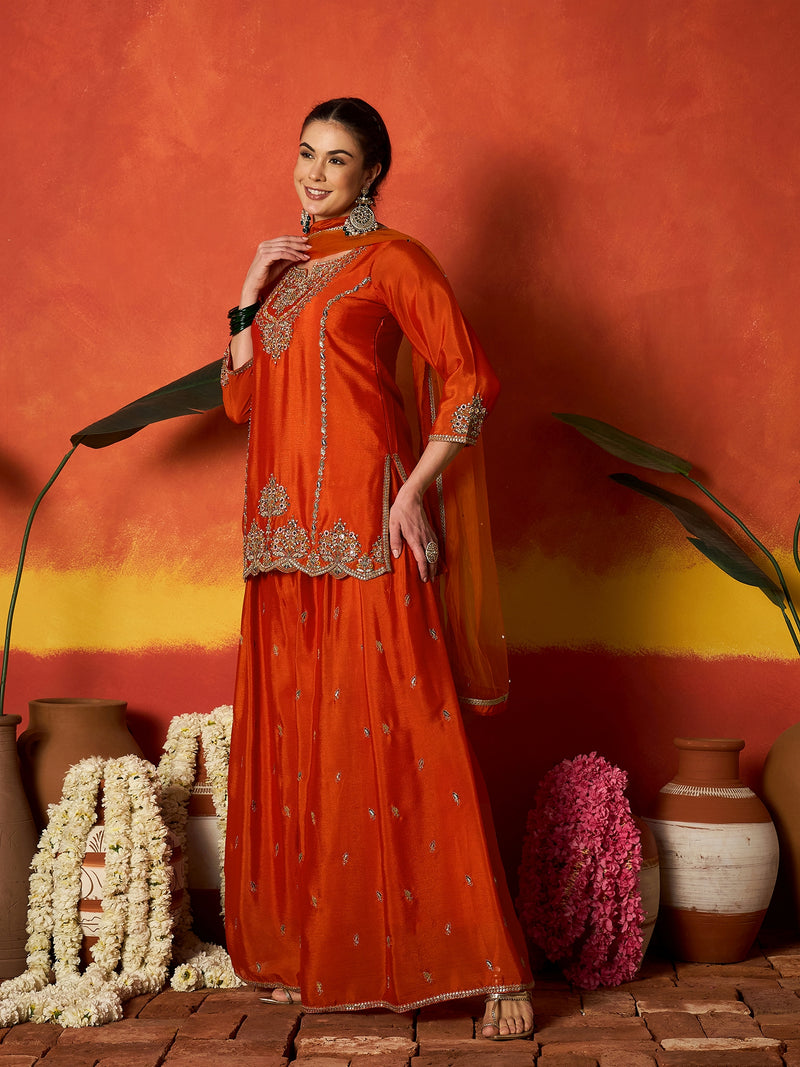Stylum Women's Rust Solid & Embroidered Silk Blend Straight Kurti Palazzo With Dupatta (KPDRUSTRAKUL)