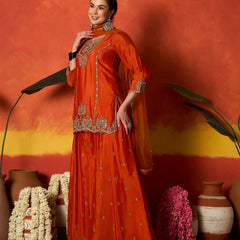 Stylum Women's Rust Solid & Embroidered Silk Blend Straight Kurti Palazzo With Dupatta (KPDRUSTRAKUL)