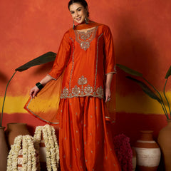 Stylum Women's Rust Solid & Embroidered Silk Blend Straight Kurti Palazzo With Dupatta (KPDRUSTRAKUL)