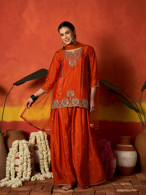 Stylum Women's Rust Solid & Embroidered Silk Blend Straight Kurti Palazzo With Dupatta (KPDRUSTRAKUL)