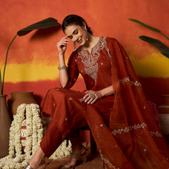 Stylum Women's Rust Solid & Embroidered Chinon Straight Kurta Pant With Dupatta (KPDRUSTRUSTAM)