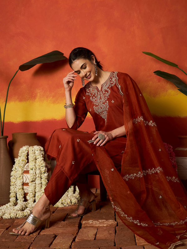 Stylum Women's Rust Solid & Embroidered Chinon Straight Kurta Pant With Dupatta (KPDRUSTRUSTAM)