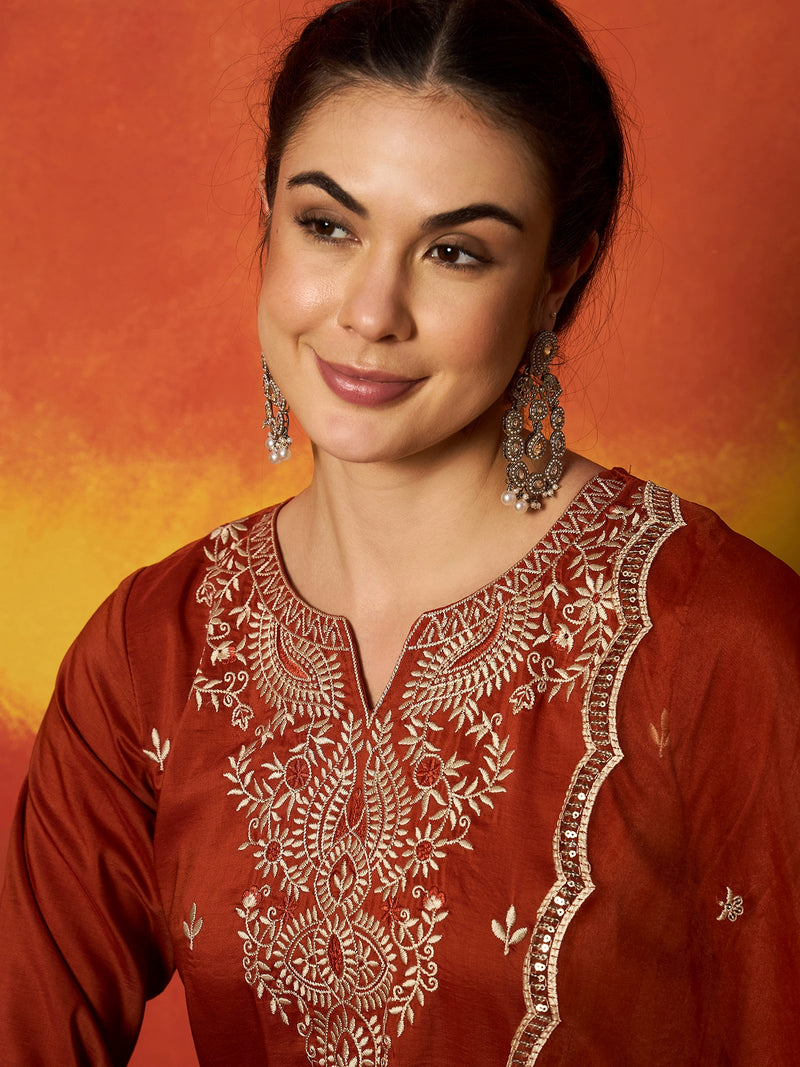 Stylum Women's Rust Solid & Embroidered Chinon Straight Kurta Pant With Dupatta (KPDRUSTRUSTAM)