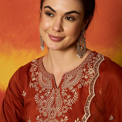 Stylum Women's Rust Solid & Embroidered Chinon Straight Kurta Pant With Dupatta (KPDRUSTRUSTAM)