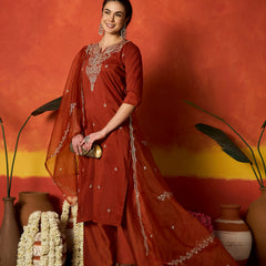 Stylum Women's Rust Solid & Embroidered Chinon Straight Kurta Pant With Dupatta (KPDRUSTRUSTAM)