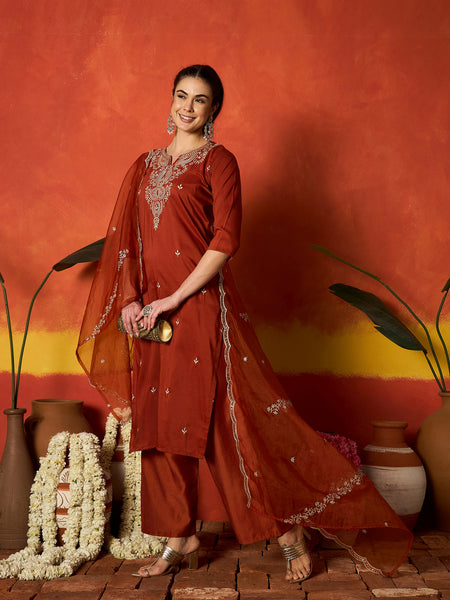 Stylum Women's Rust Solid & Embroidered Chinon Straight Kurta Pant With Dupatta (KPDRUSTRUSTAM)