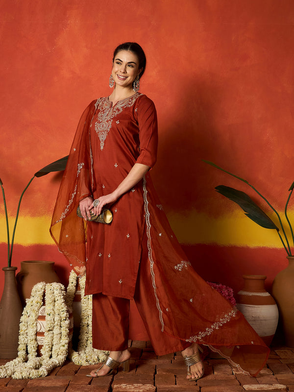 Stylum Women's Rust Solid & Embroidered Chinon Straight Kurta Pant With Dupatta (KPDRUSTRUSTAM)