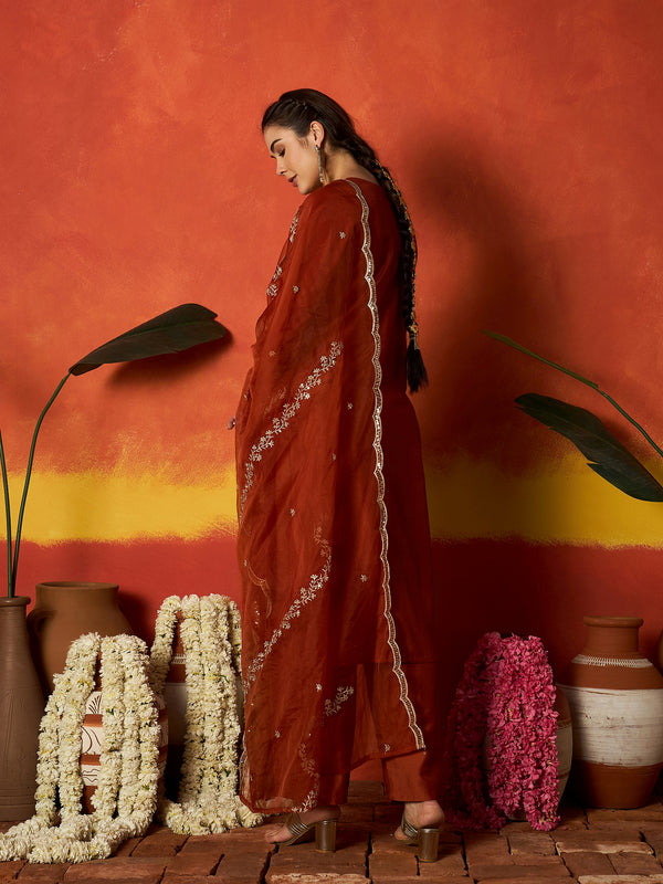 Stylum Women's Rust Solid & Embroidered Chinon Straight Kurta Pant With Dupatta (KPDRUSTRUSTAM)