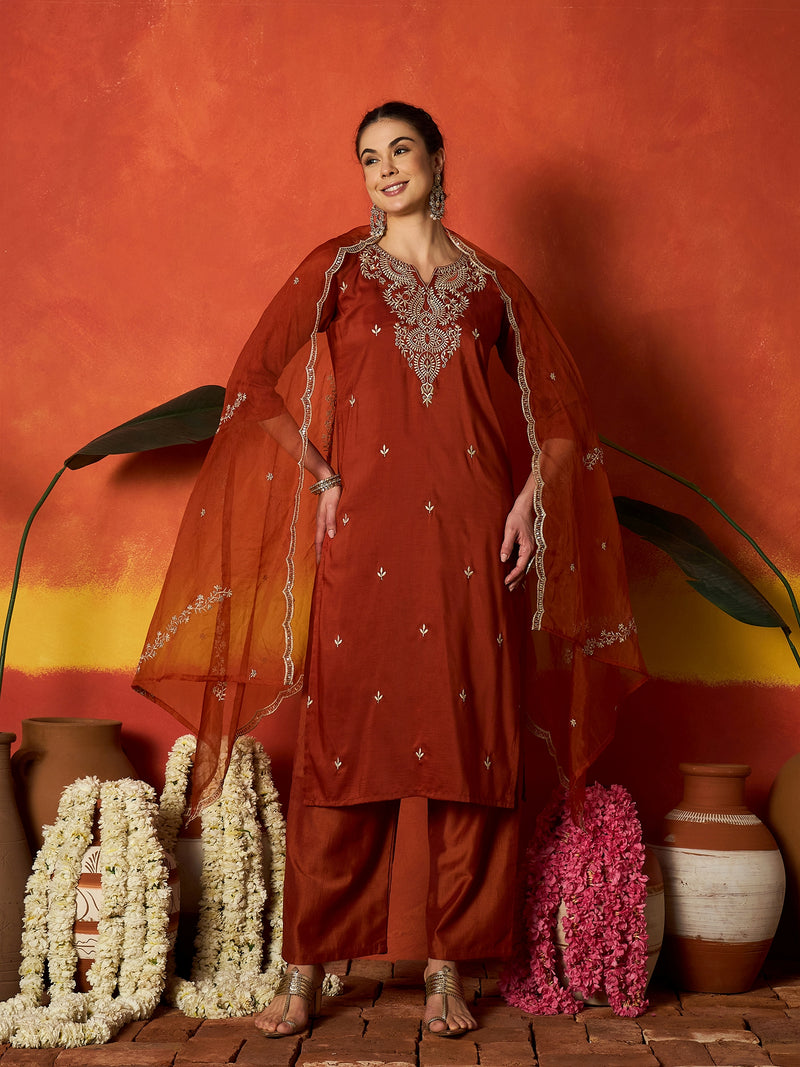 Stylum Women's Rust Solid & Embroidered Chinon Straight Kurta Pant With Dupatta (KPDRUSTRUSTAM)