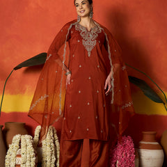 Stylum Women's Rust Solid & Embroidered Chinon Straight Kurta Pant With Dupatta (KPDRUSTRUSTAM)