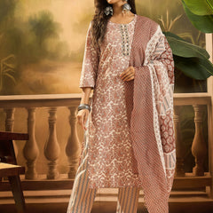 Stylum Women's Rust Floral Printed Cotton Straight Kurta Pant Dupatta Set (KPDRUSTSUMIN)