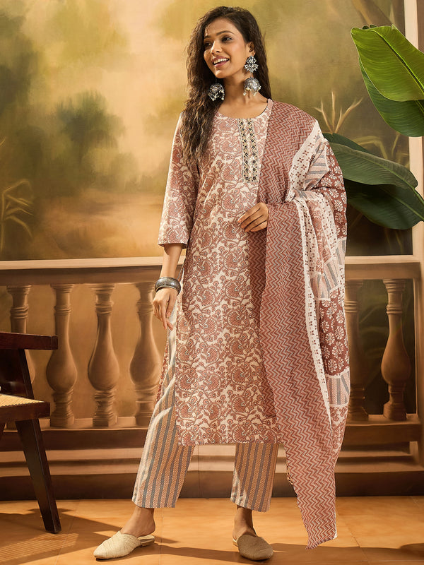 Stylum Women's Rust Floral Printed Cotton Straight Kurta Pant Dupatta Set (KPDRUSTSUMIN)
