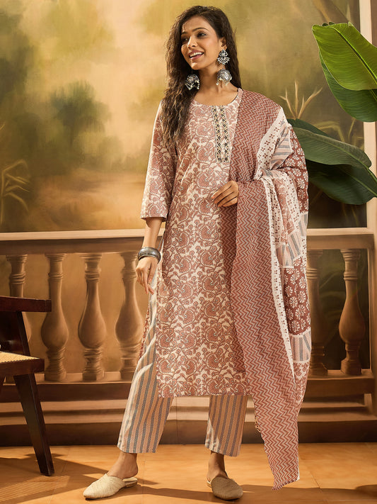 Stylum Women's Rust Floral Printed Cotton Straight Kurta Pant Dupatta Set (KPDRUSTSUMIN)