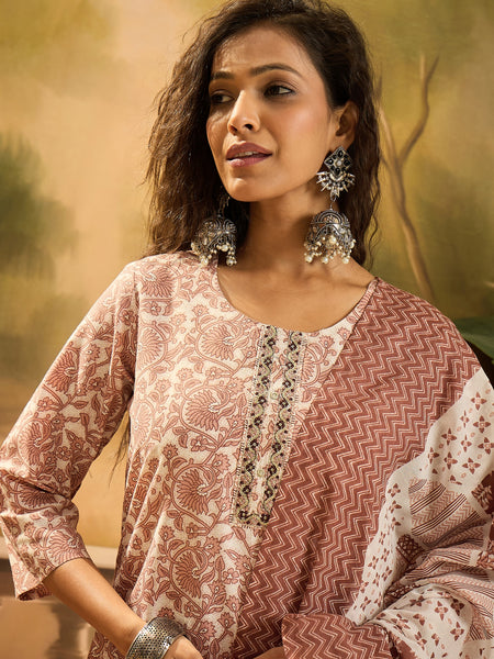 Stylum Women's Rust Floral Printed Cotton Straight Kurta Pant Dupatta Set (KPDRUSTSUMIN)