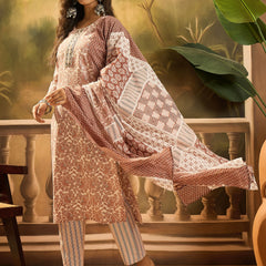 Stylum Women's Rust Floral Printed Cotton Straight Kurta Pant Dupatta Set (KPDRUSTSUMIN)