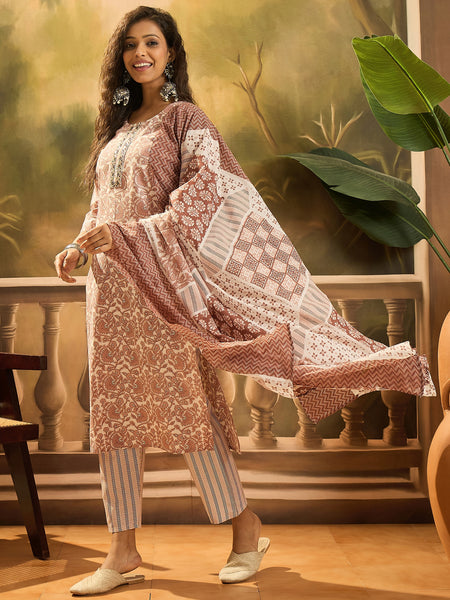 Stylum Women's Rust Floral Printed Cotton Straight Kurta Pant Dupatta Set (KPDRUSTSUMIN)