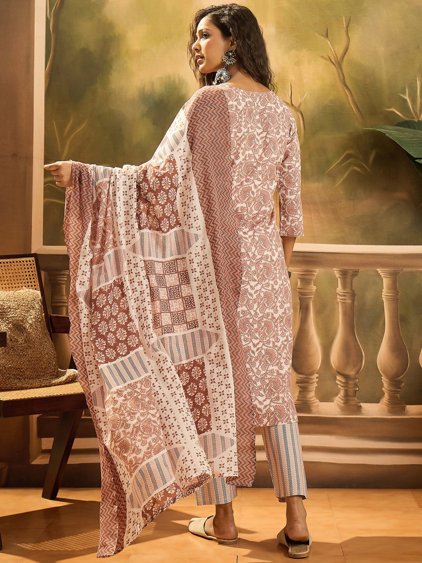 Stylum Women's Rust Floral Printed Cotton Straight Kurta Pant Dupatta Set (KPDRUSTSUMIN)