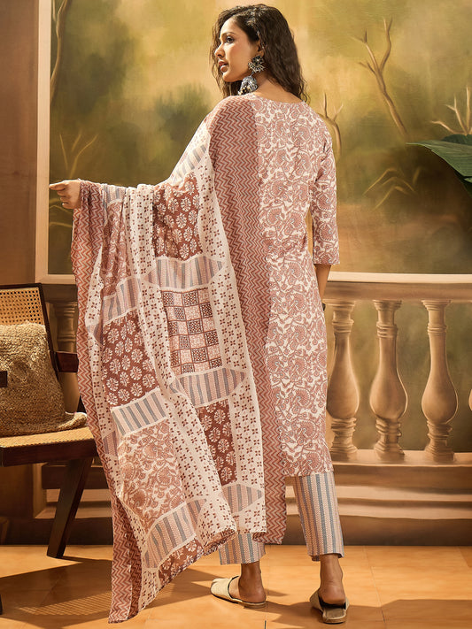Stylum Women's Rust Floral Printed Cotton Straight Kurta Pant Dupatta Set (KPDRUSTSUMIN)